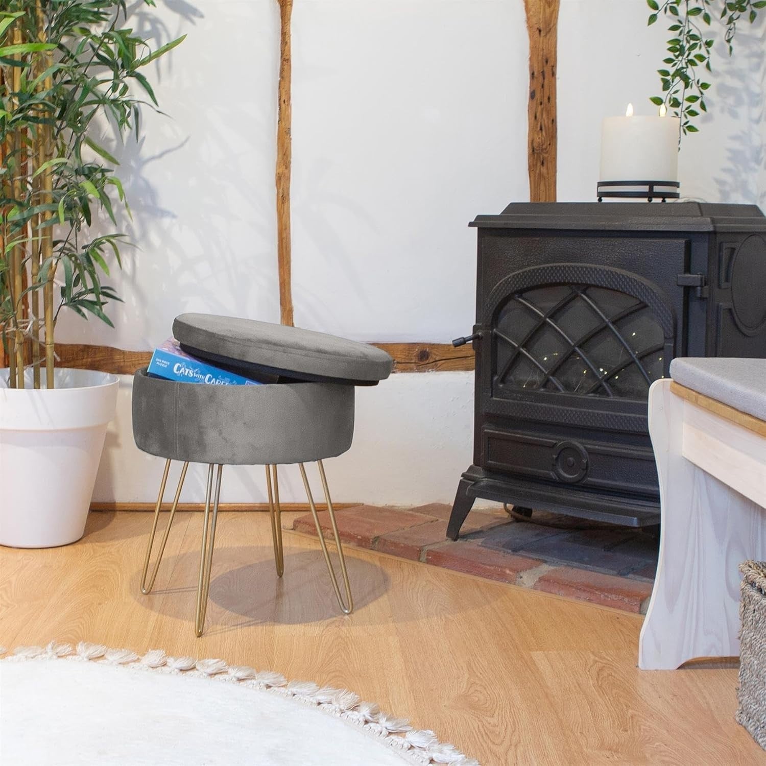 Grey Velvet Round Footstool with Storage & Gold Legs – Modern Vanity Pouffe