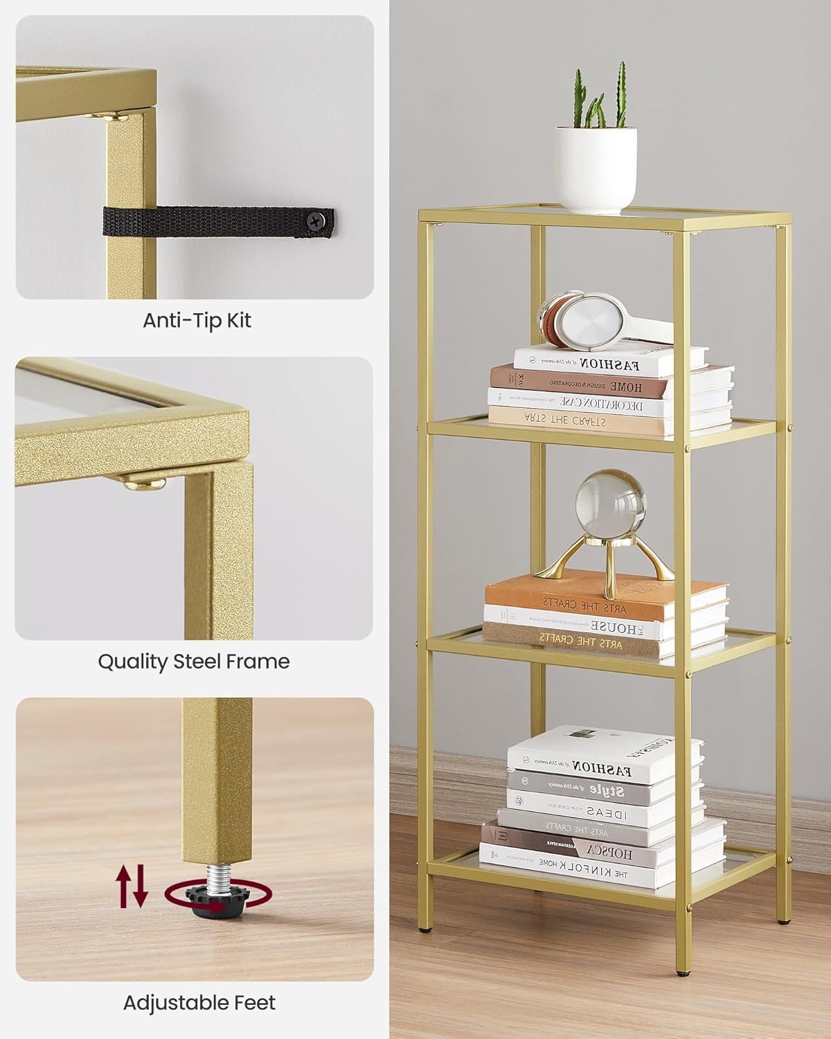 Modern 4-Tier Gold Glass Shelf Unit | Luxury Display Rack Storage for Home Offic