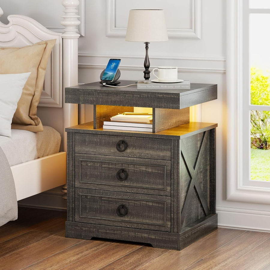 Rustic Brown LED Bedside Table with USB & Type-C Ports | Hidden Drawer