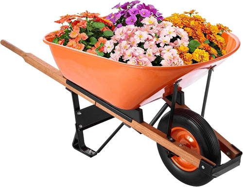 6 Cu Ft Orange Wheelbarrow – Metal Frame PU Tyre Heavy Duty for 150kg Loads