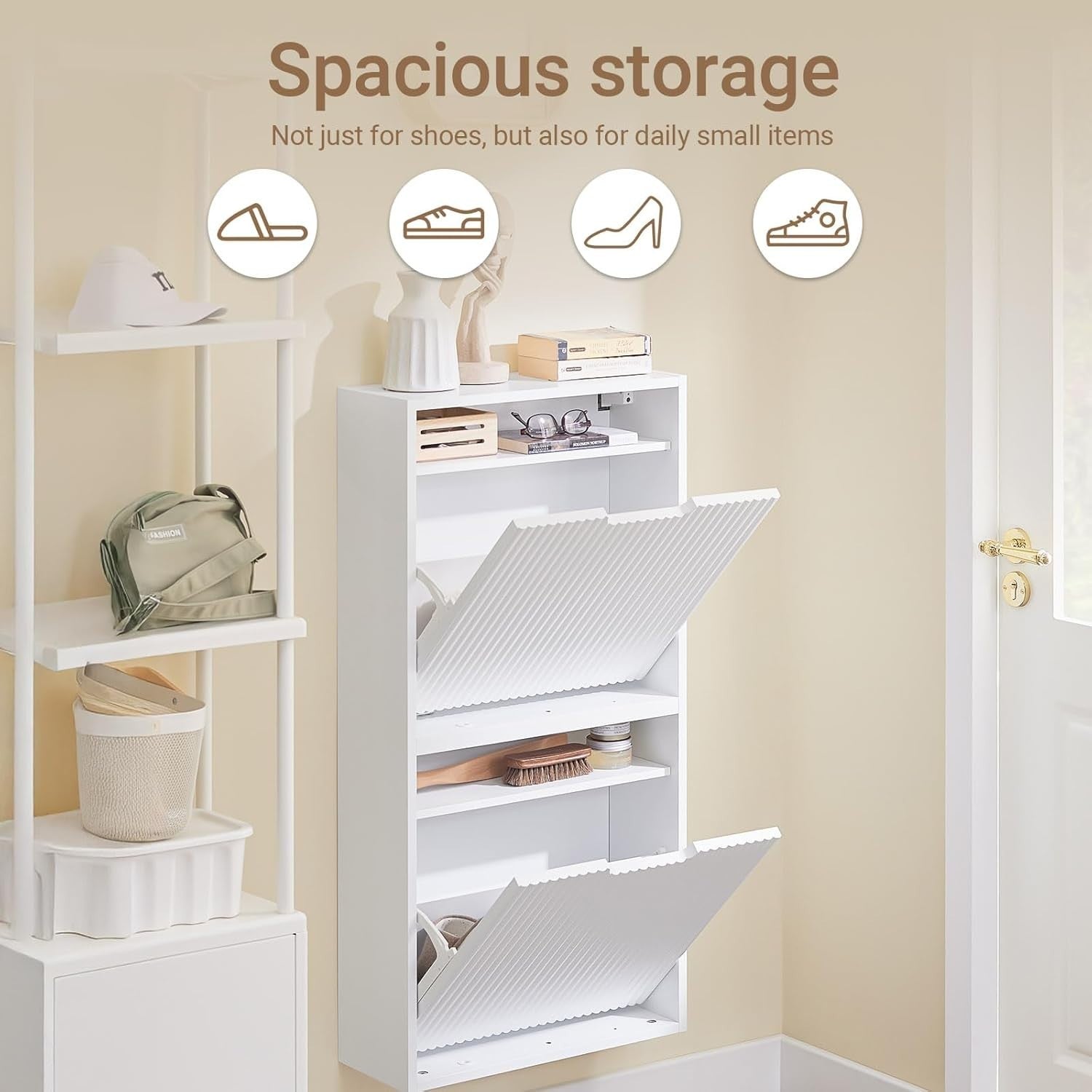 Slim Shoe Cabinet 2 Flip Drawers Narrow Hallway Storage Unit 19cm Deep