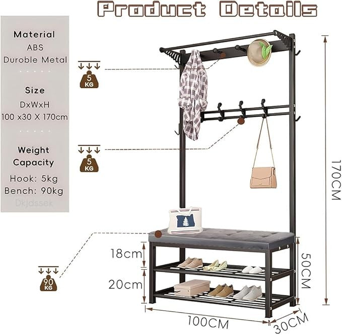 Metal Coat Rack with Shoe Bench & Hooks – 3-in-1 Entryway Storage Organizer 100c
