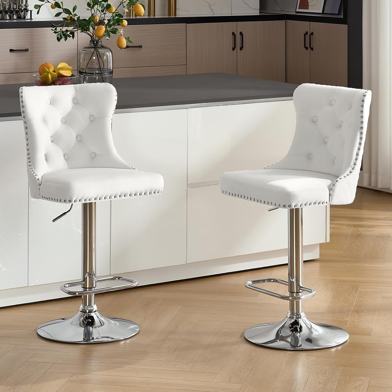 Velvet Bar Stools Set of 2 White Cream Chrome Legs Adjustable Swivel Chairs