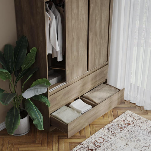 Oak 6 Door Wardrobe with Drawers 240cm Sliding Closet Storage Unit