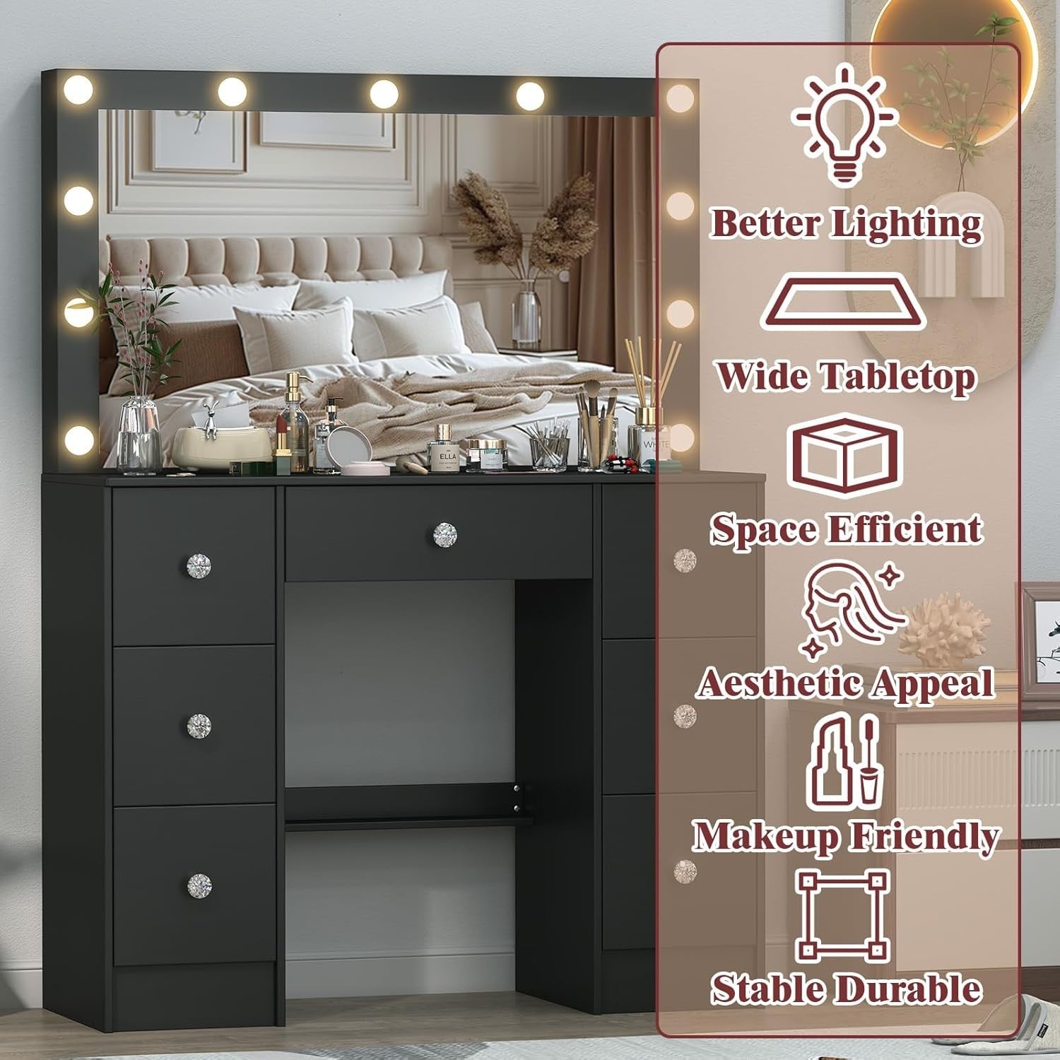 Modern Vanity Dressing Table LED Lighted Mirror 7 Drawer Desk Makeup White (77/7