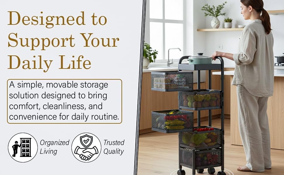 5 Tier Rotating Storage Trolley on Wheels Kitchen Bathroom Basket Rack Black