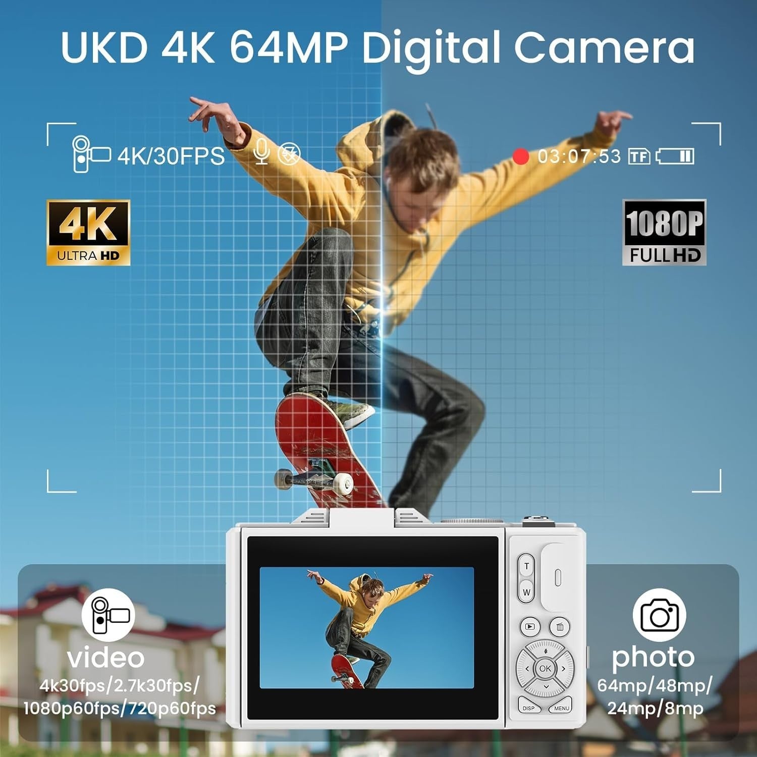 5K 75MP Vlogging Camera WiFi Flip Screen Zoom Camera White 64GB