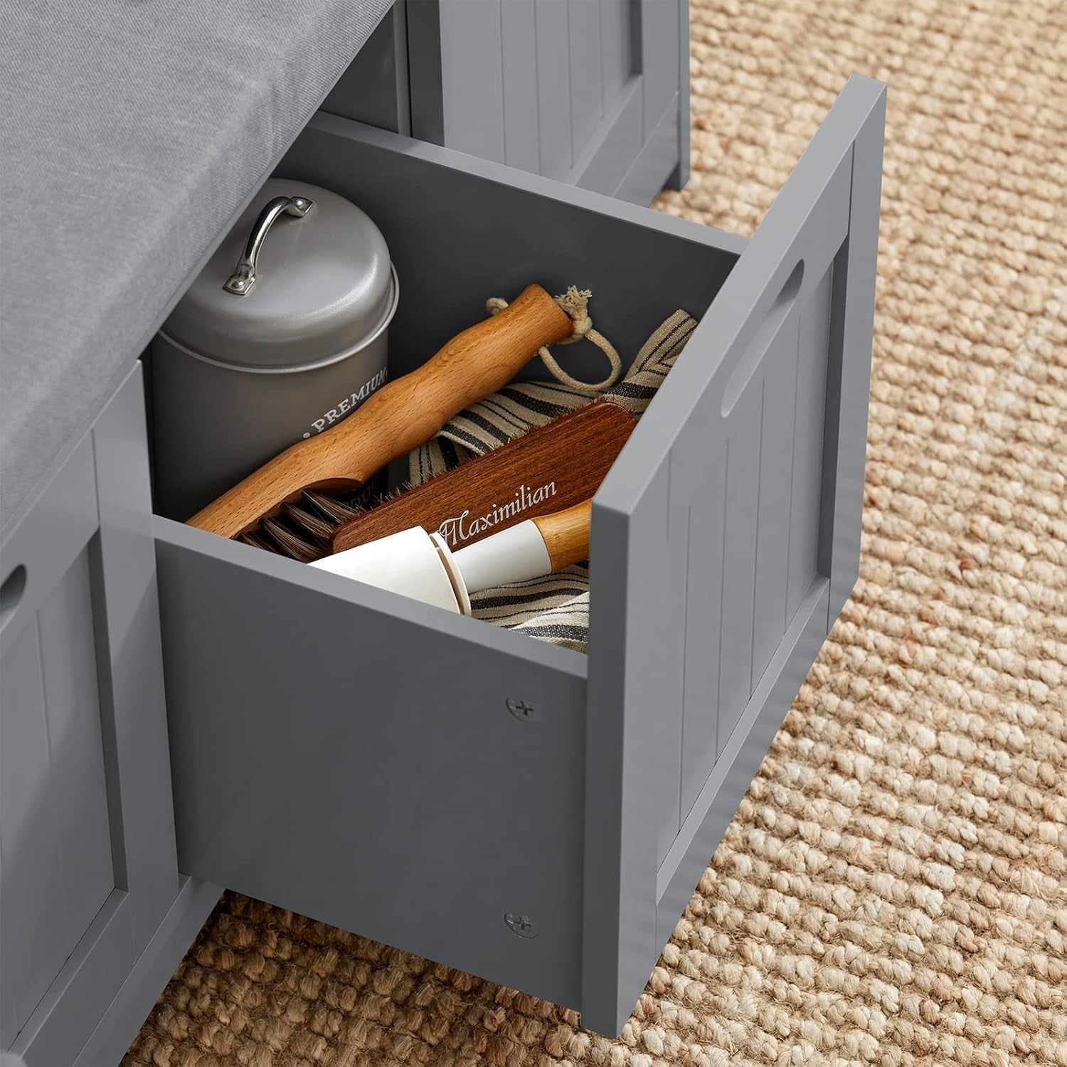 Modern Grey Hallway Shoe Storage Bench with Cushion & Drawer, 90x35x45cm