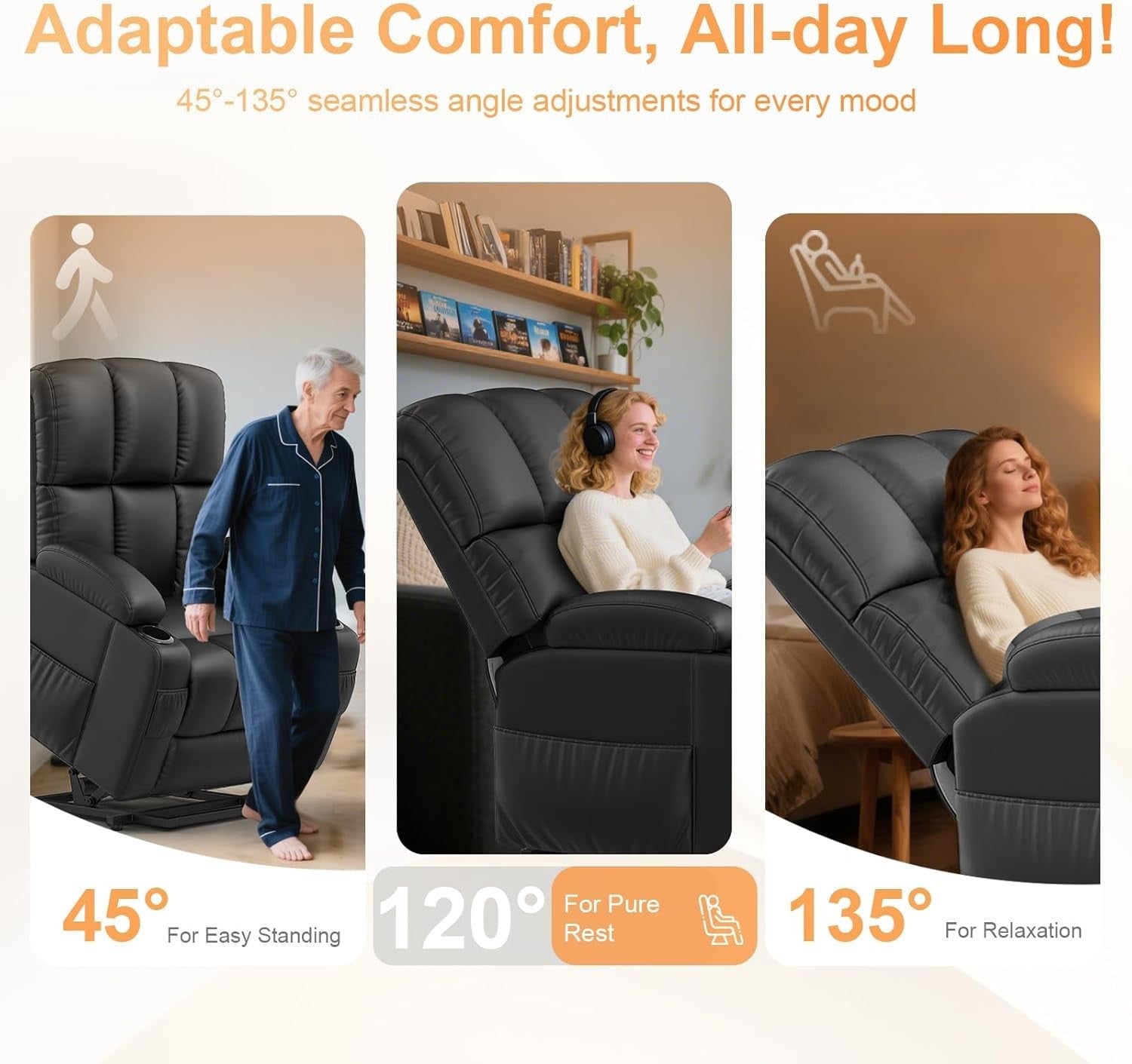 Lift Recliner Chair Elderly Massage Heat Power Assist USB Cup Holders PU Black