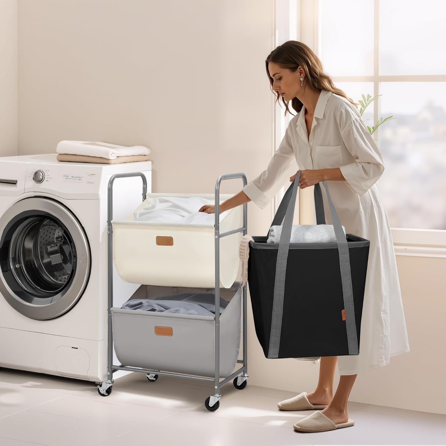 2 Tier Vertical Rolling Laundry Hamper 80L Removable Bags Space Saving Cart
