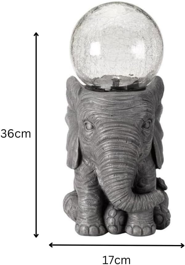 Solar Elephant Garden Ornament 37cm Crackle Ball LED Light Waterproof Outdoor
