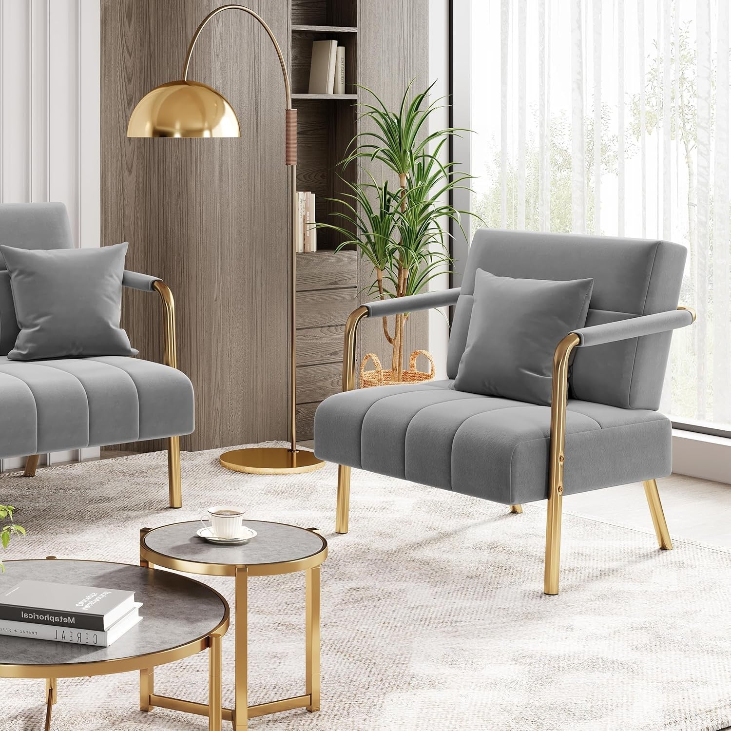 Modern Velvet Accent Armchair – Light Gray Upholstered Lounge Chair with Gold Le