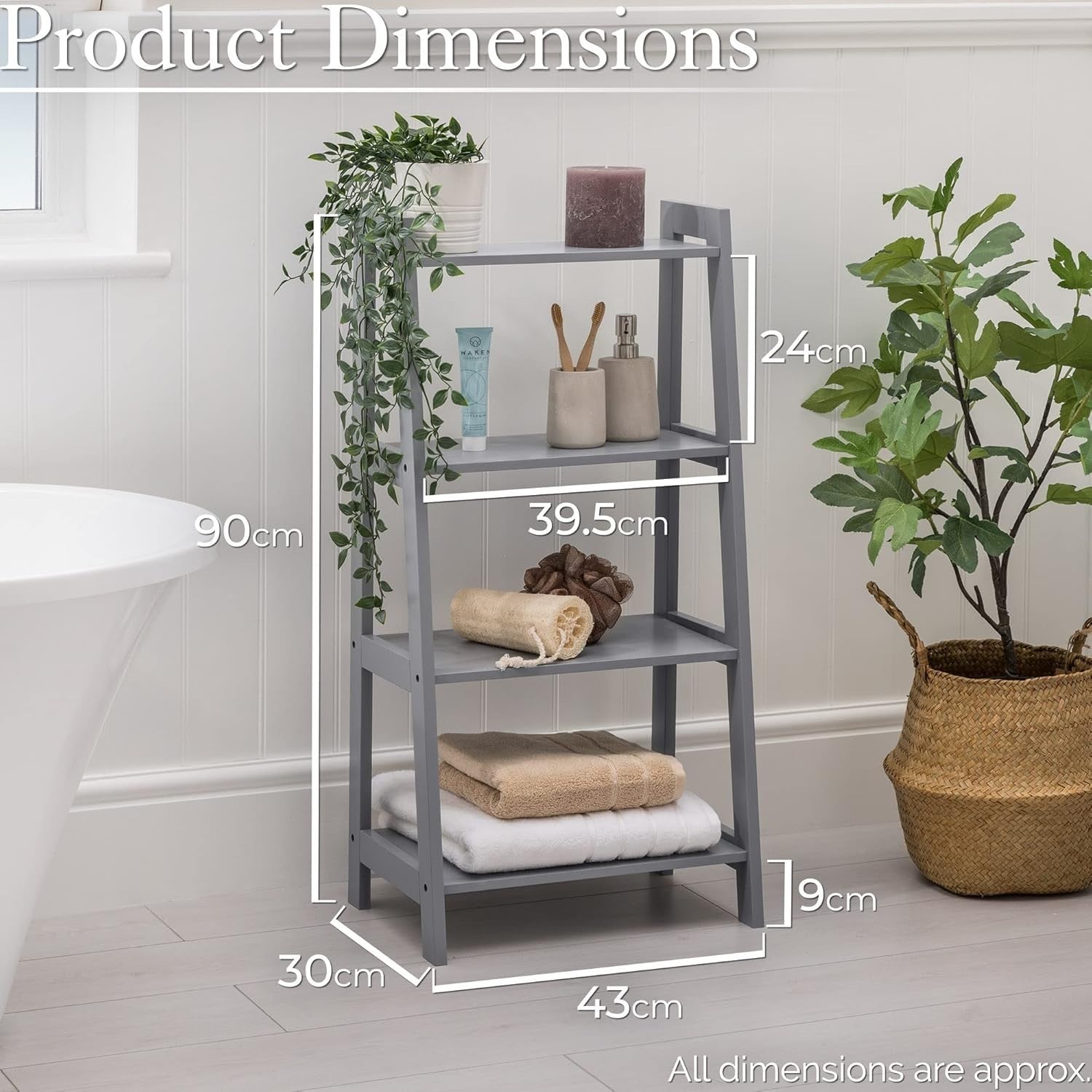 4 Tier Ladder Shelf Bathroom Storage Unit Wooden Display Stand Grey