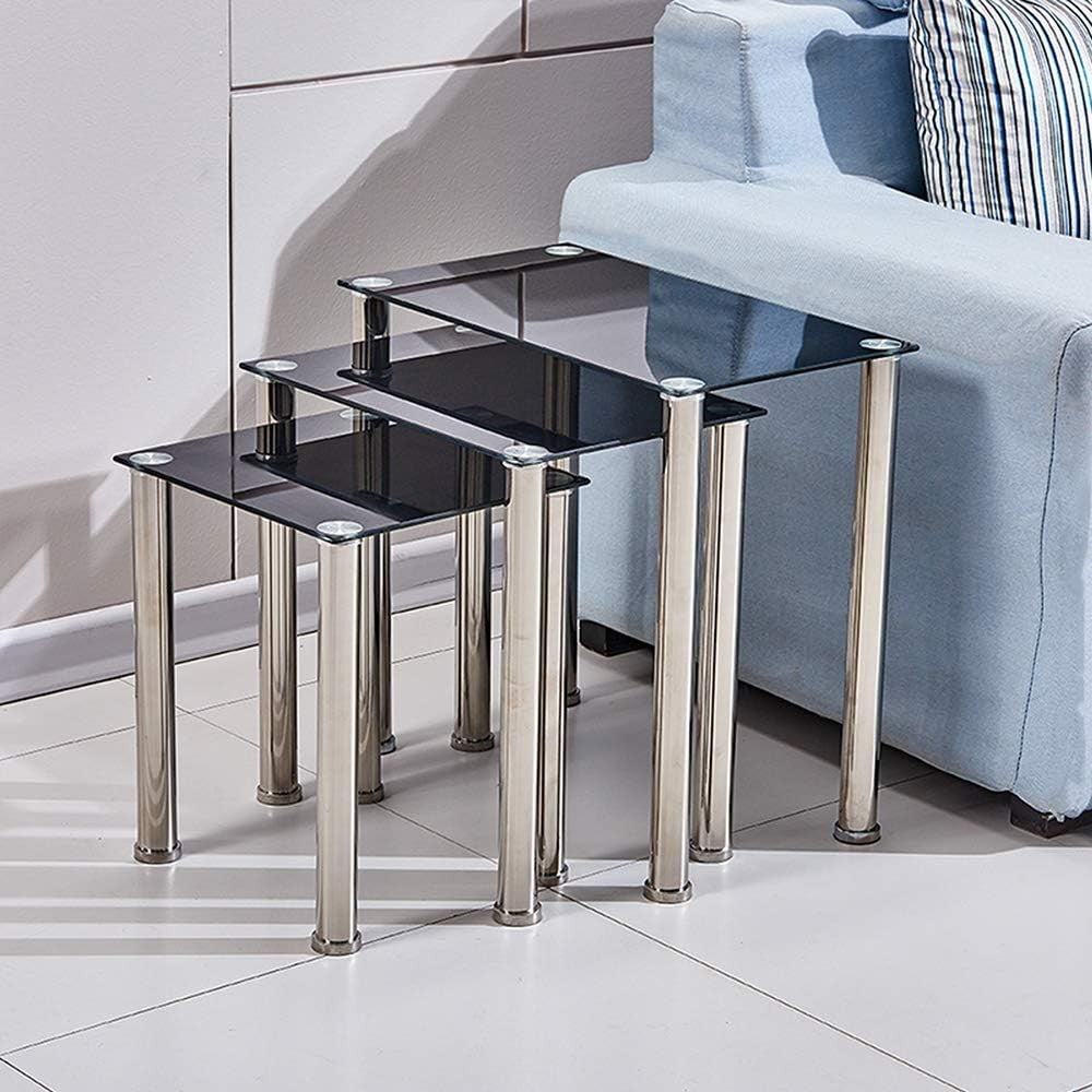 Nest of 3 Modern Coffee Table Set Rectangular Glass Top Chrome Metal Legs Black