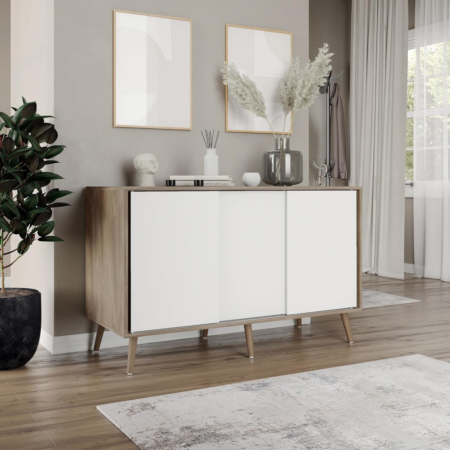 Modern 3-Door Sliding Sideboard Cabinet with Wooden Legs Storage Organizer