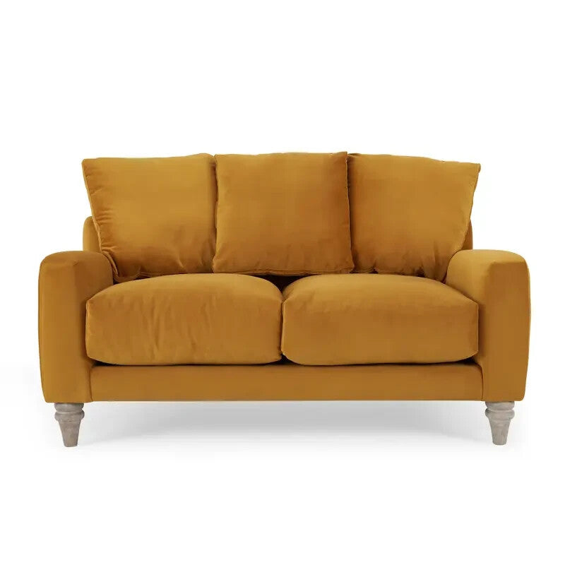 Luxury Mustard Velvet 2 Seater Sofa with Scatter Cushions & Wood Legs