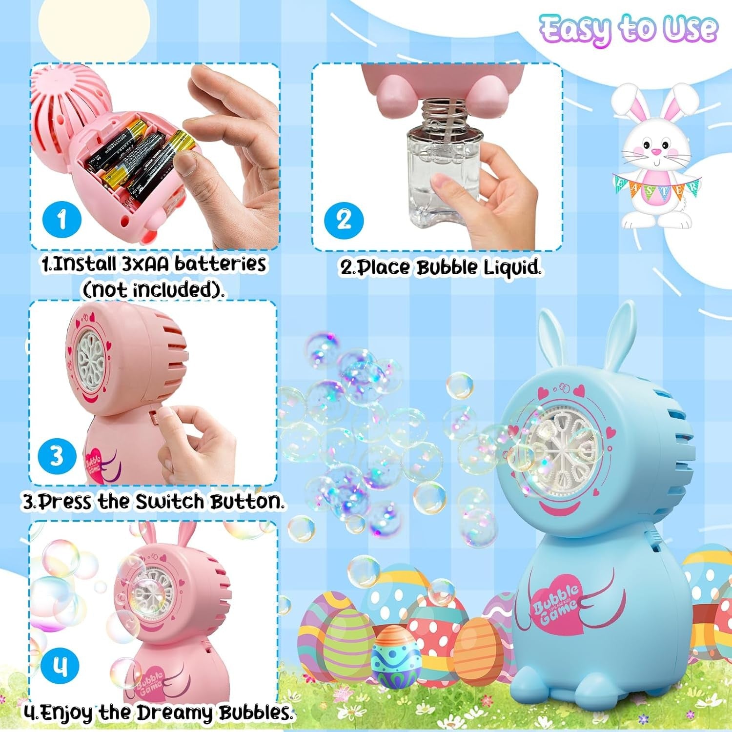 Easter Bunny Bubble Machine Kids Toy 8 Hole LED Portable Blue