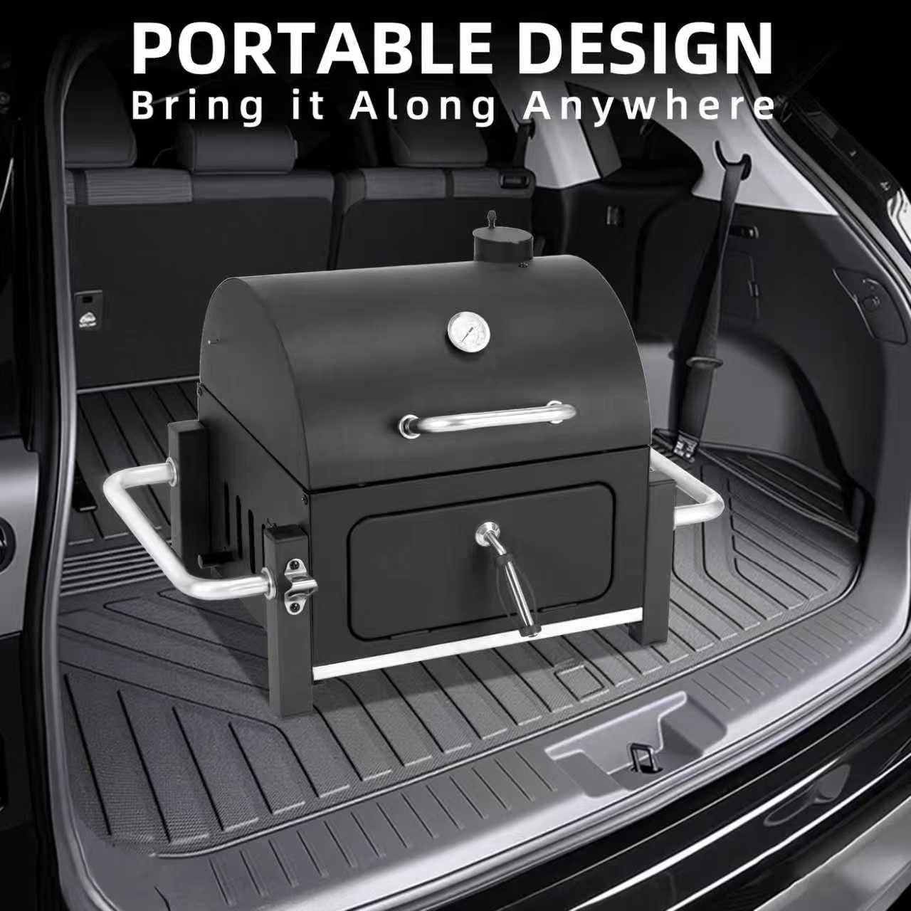 Portable Charcoal BBQ Grill with Chimney Lid & Thermometer for Camping & Patios