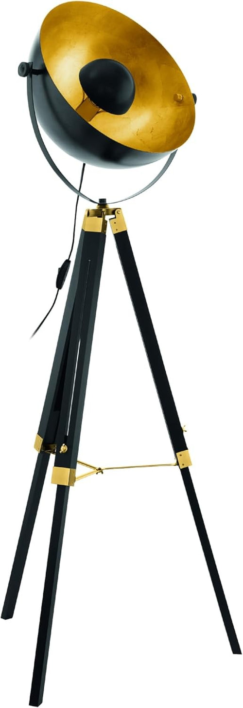 Industrial Tripod Floor Lamp Black Gold Brass Wood Vintage Studio Light