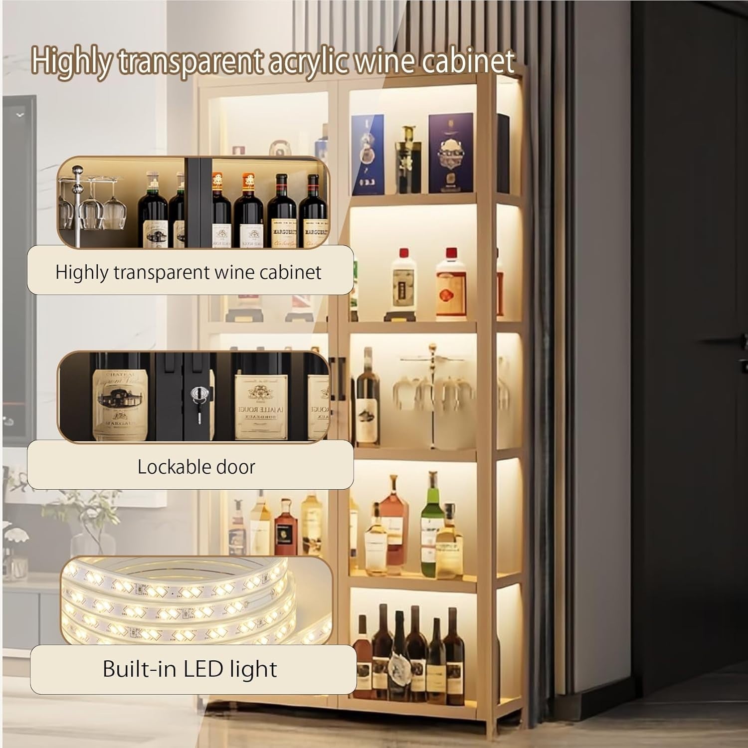 Tall LED Wine Bar Cabinet Lockable Drinks Display Storage Unit Shelves