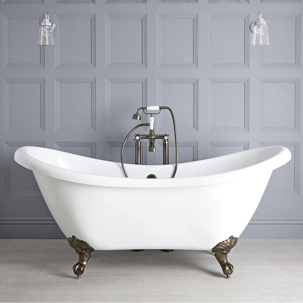 White Double Ended Freestanding Bath 1750x730mm Gold Claw Feet