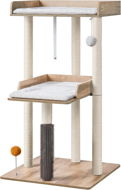 Large Wooden Cat Tree Tower Greige 111cm Multi-Level Perches Scratching Post