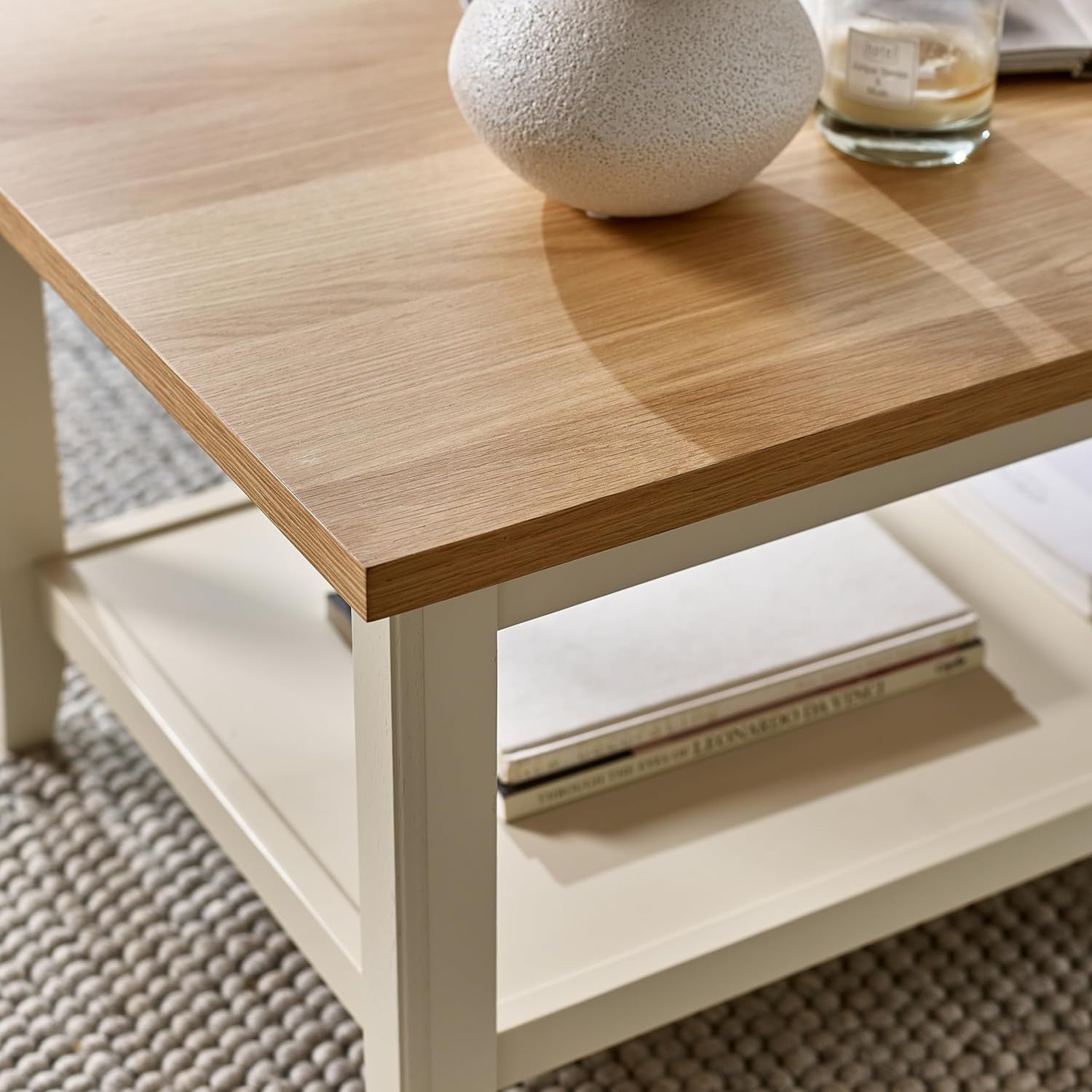 Solid Wood Coffee Table Farmhouse Style – Pale Oak Top Cream Legs – Modern