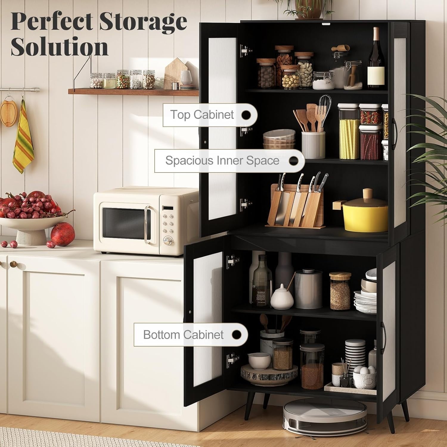 5-Tier Kitchen Cupboard Black with 4 Doors Adjustable Shelf Storage