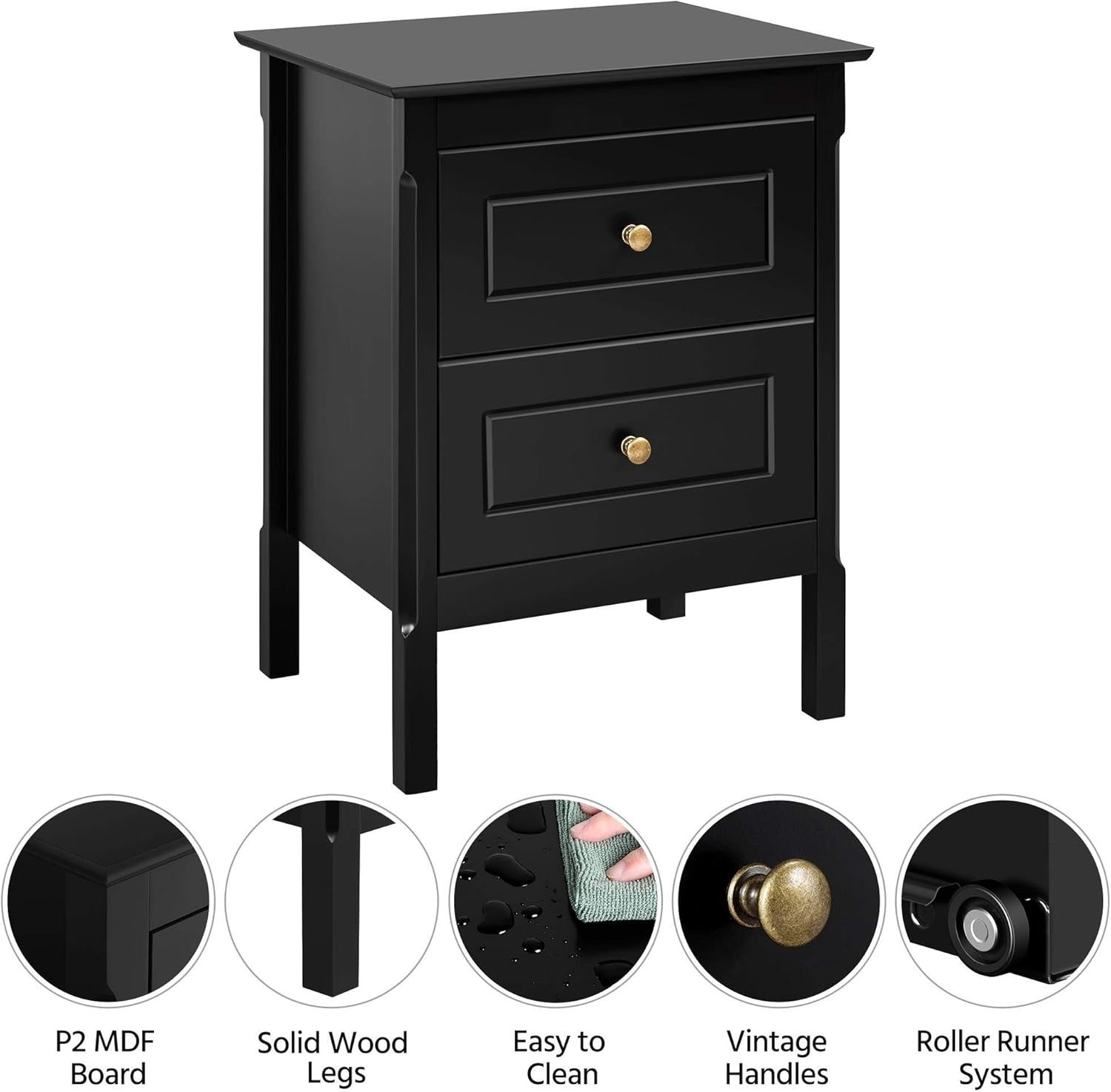 Modern Black Bedside Tables Set of 2 with 2 Drawers, Pine Wood Legs