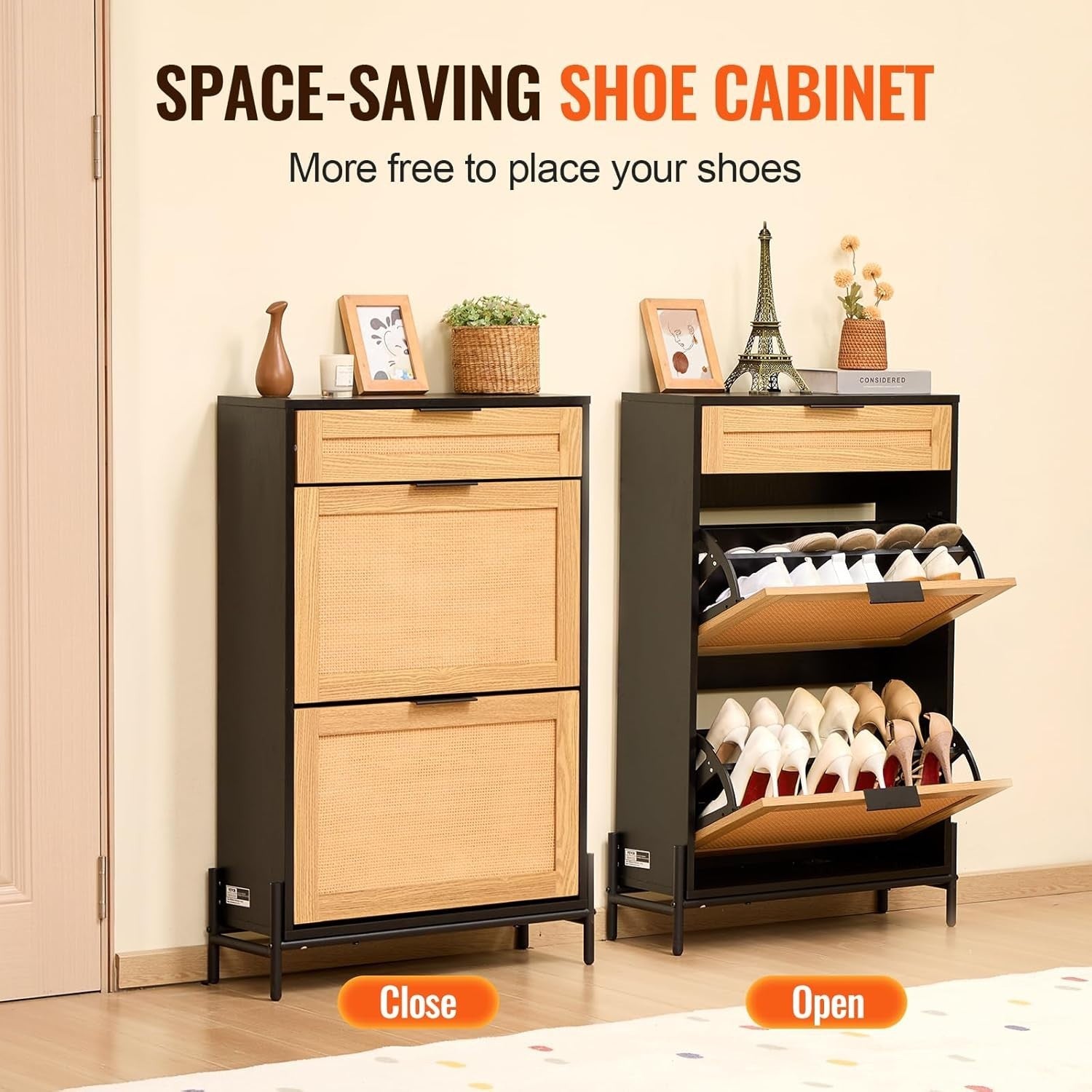 Narrow Rattan Shoe Cabinet with 2 Flip Drawers & Slide Drawer – Black