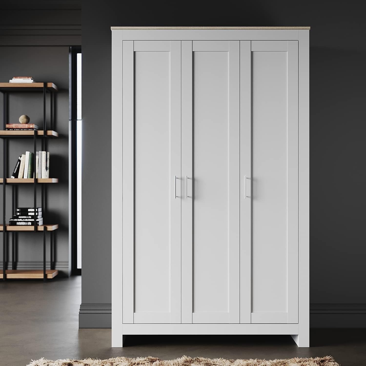 3-Door Wooden Wardrobe with Hanging Rail & 4 Shelves – Durable Storage