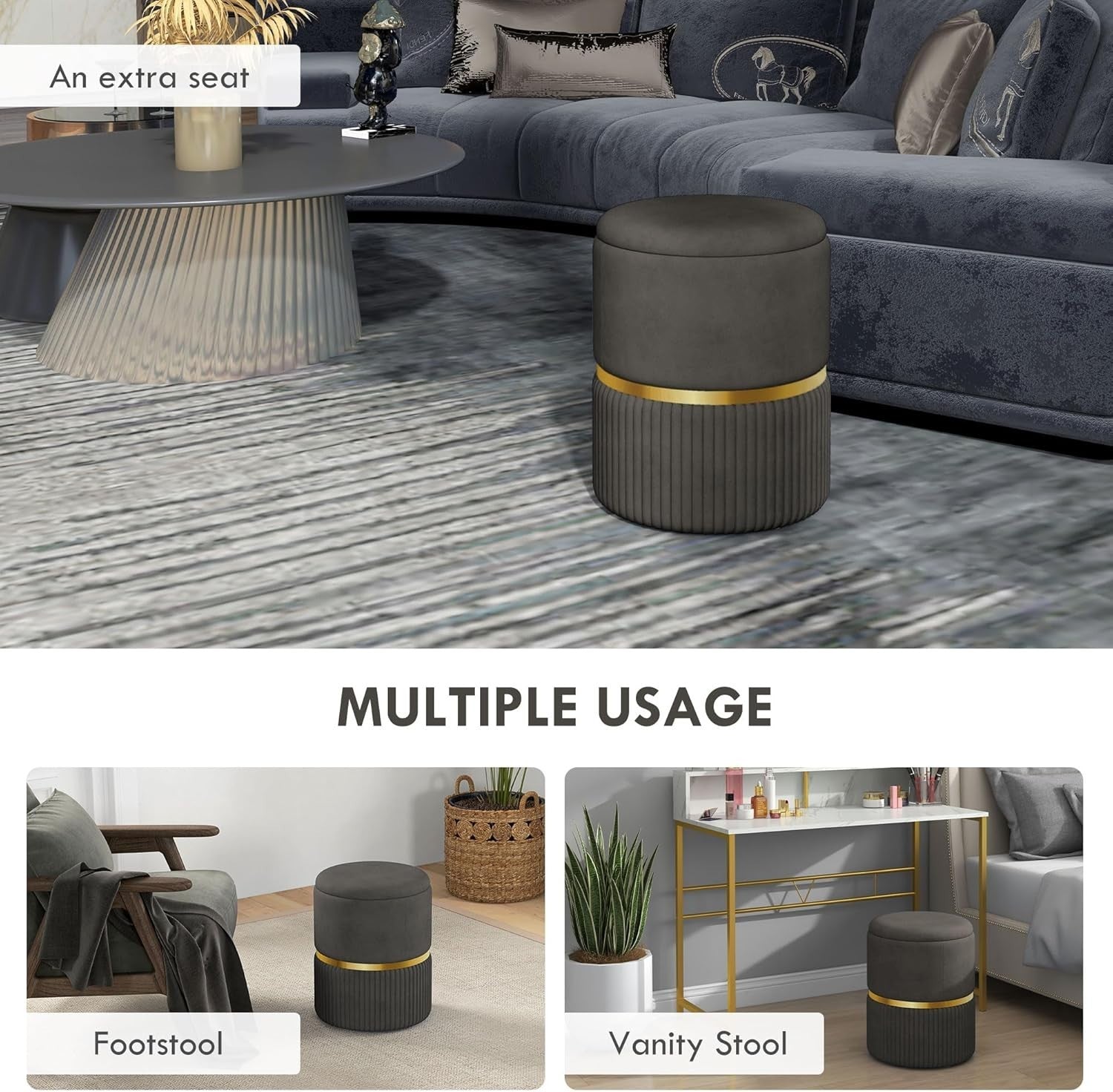 Grey Velvet Round Storage Stool Ottoman Padded Seat Footstool Vanity Chair