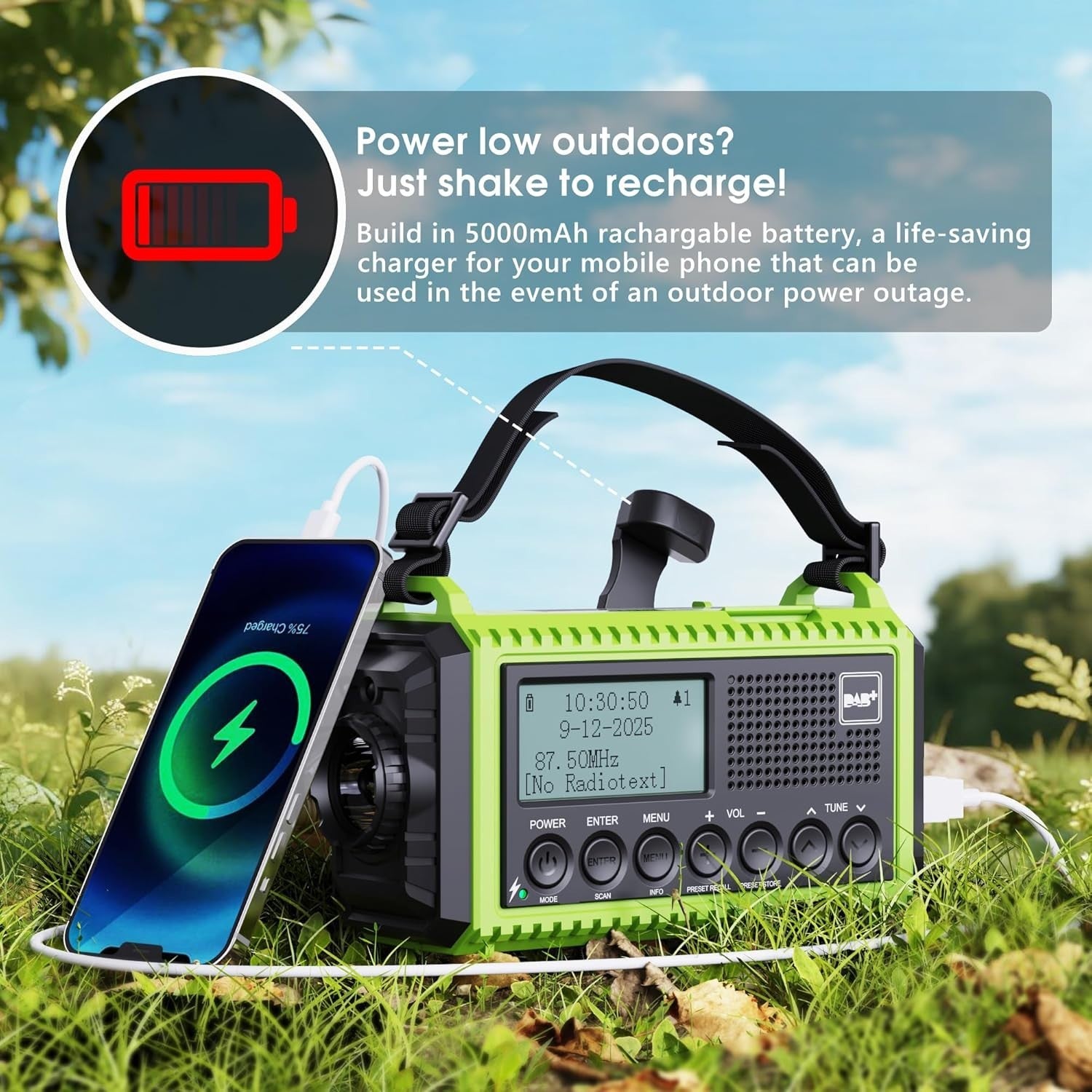Yellow Wind Up Solar Radio DAB, FM 5000mAh Power Bank Flashlight SoS