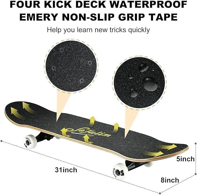 31in Maple Skateboard Complete Double Kick Trick Cruiser Kids Moto