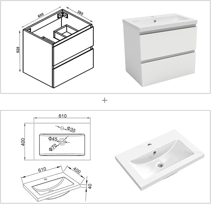 600mm White Wall Hung Bathroom Vanity Unit with Basin Sink