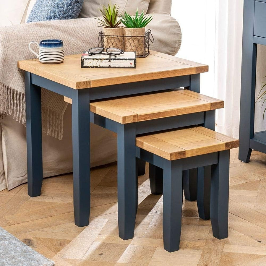 Blue Oak Nesting Coffee Side Tables Set of 3 Wood Rectangular Easy Assembly