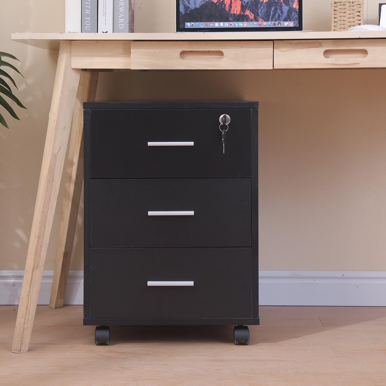 Black Lockable Mobile Filing Cabinet 3 Drawer Under Desk Printer Stand