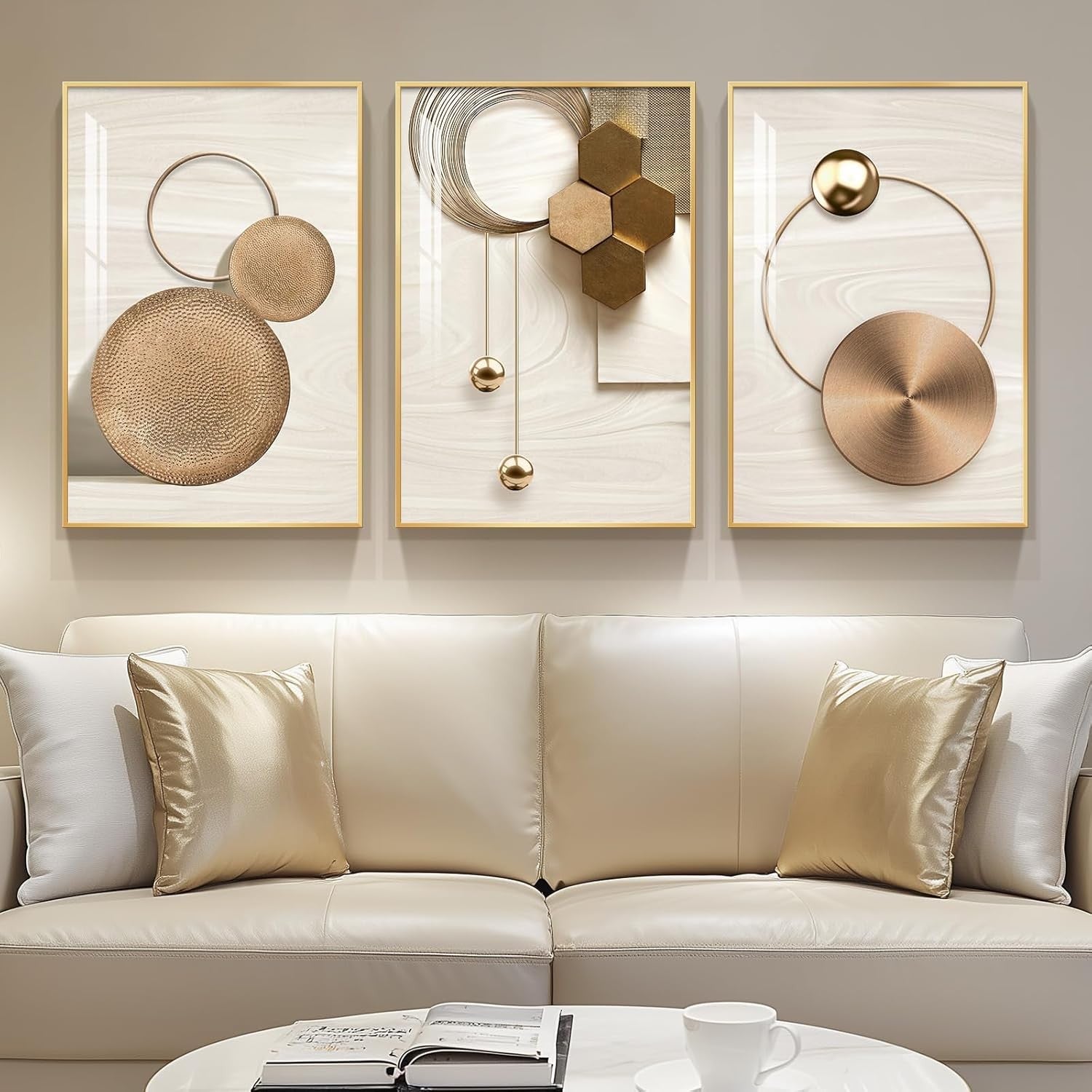 Framed Gold Wall Art Set of 3 Modern Geometric Prints