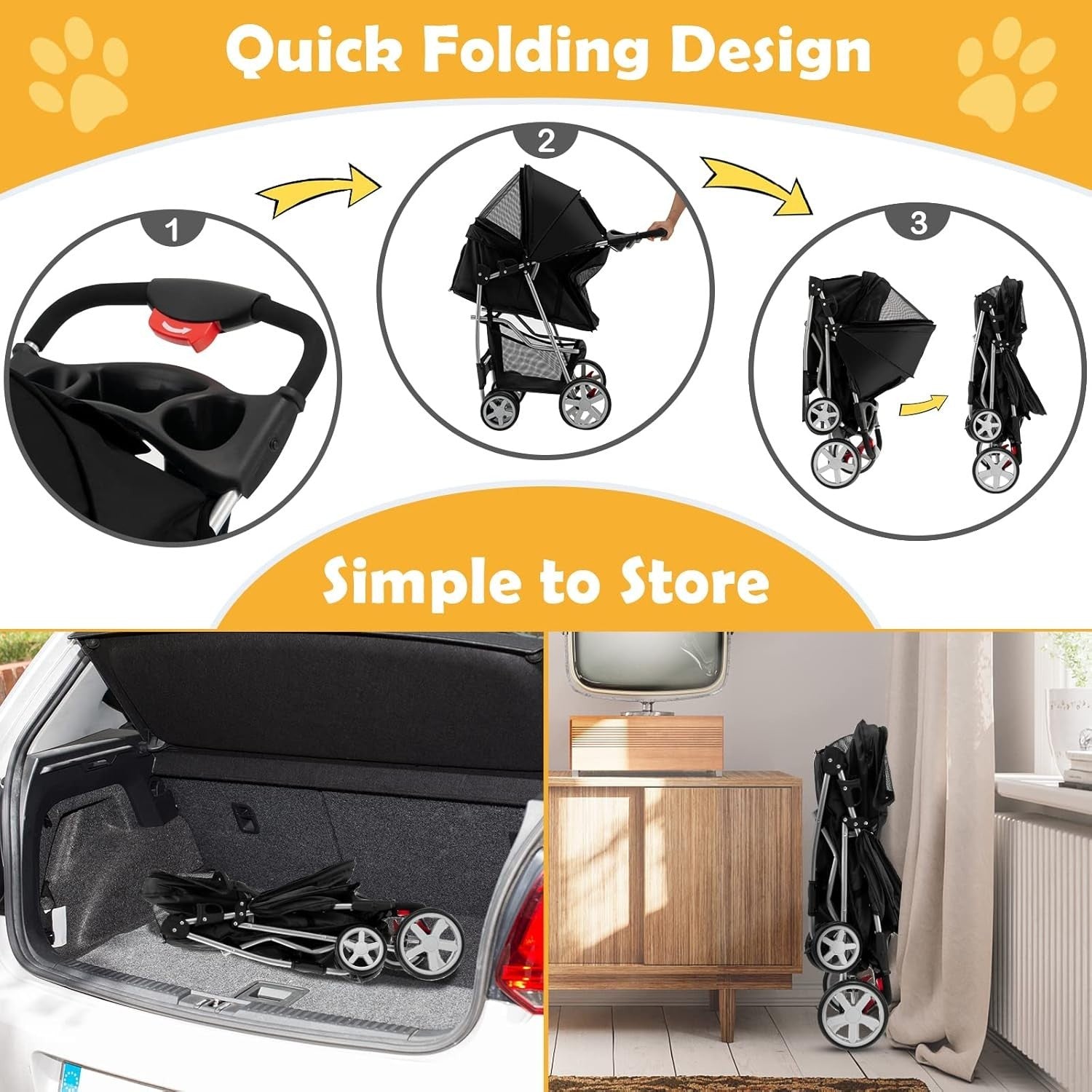 Black Pet Stroller Foldable Dog Cat Pushchair 15kg Storage Basket