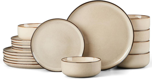 18pc Stoneware Dinner Set for 6 Cream Plates Bowls Microwave Safe