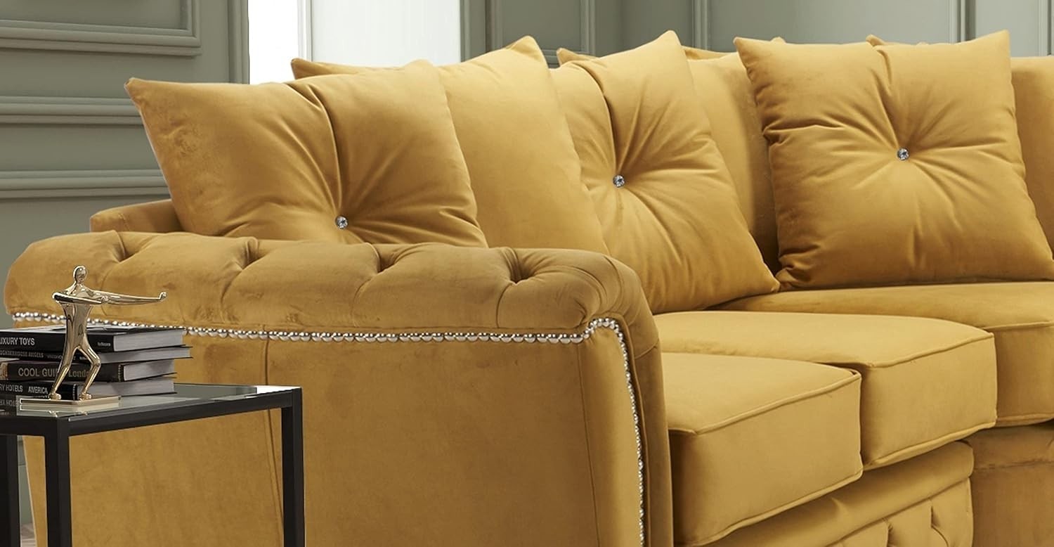 Luxury Chesterfield Mustard Plush 5 Seater Corner Sofa Studded Arms L-Shape