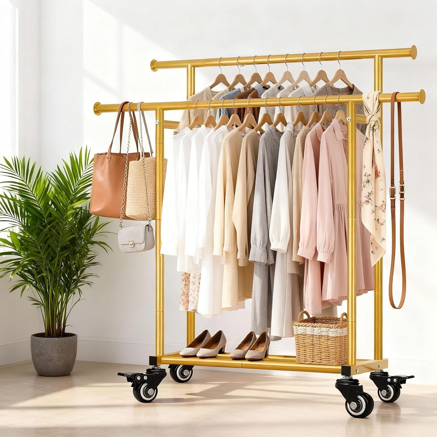 Heavy Duty Double Rail Clothes Rack with Wheels & Shelf – Gold
