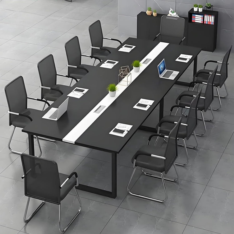 160x120cm Black/White Office Meeting Table w/ Cable Ports + Adjustable Feet