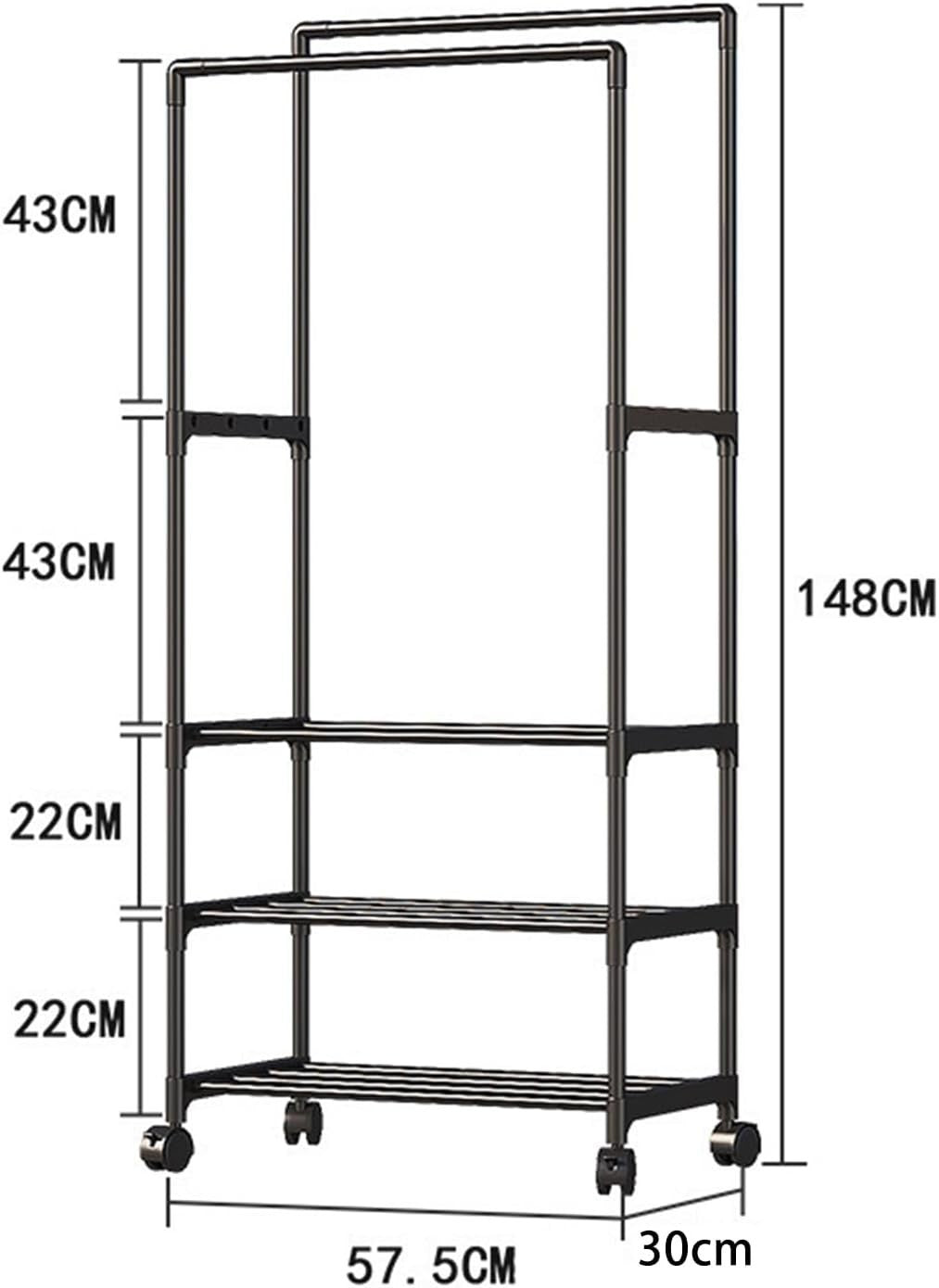 Black Metal Double Clothes Rail with Wheels & Shoe Rack