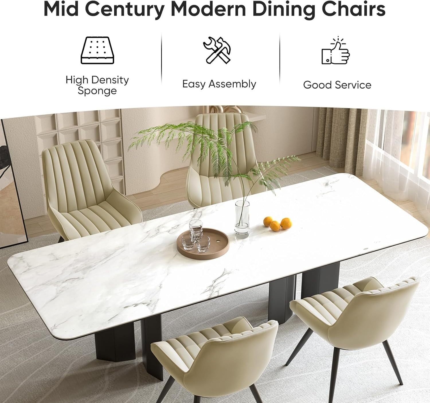 6 Beige Dining Chairs Fabric Upholstered Modern Metal Legs Padded Seat