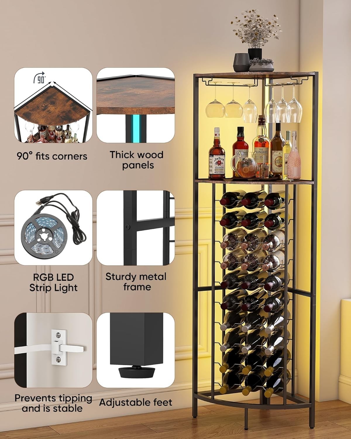 Corner Wine Rack Cabinet with LED Lights, 30 Bottle Storage & Glass Holder Bar