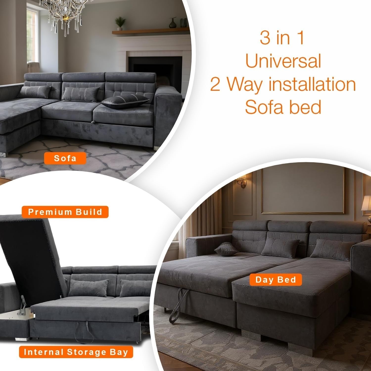 Grey Velvet L Shaped Sofa Bed w/ Storage Pull-Out 3 Seater Reversible