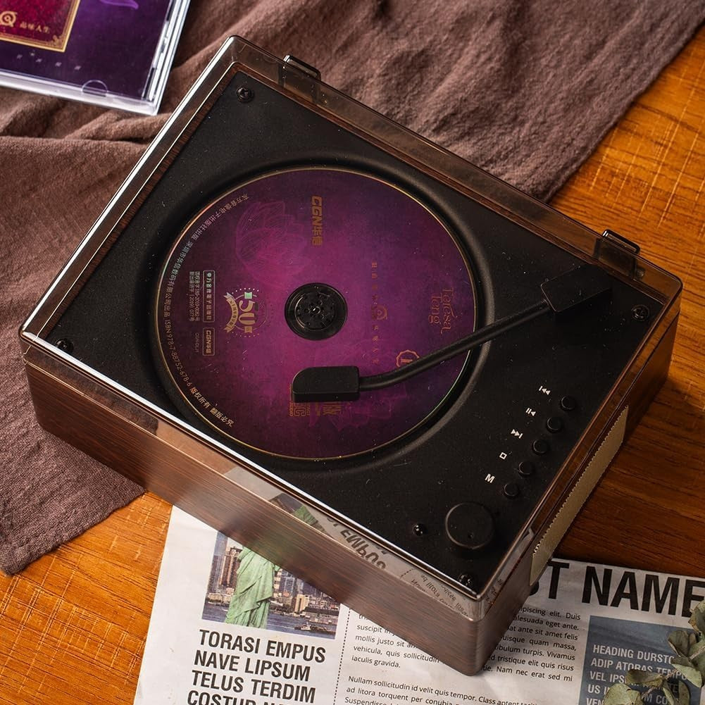 Retro Bluetooth CD Player Rechargeable Speakers USB AUX Remote Walnut