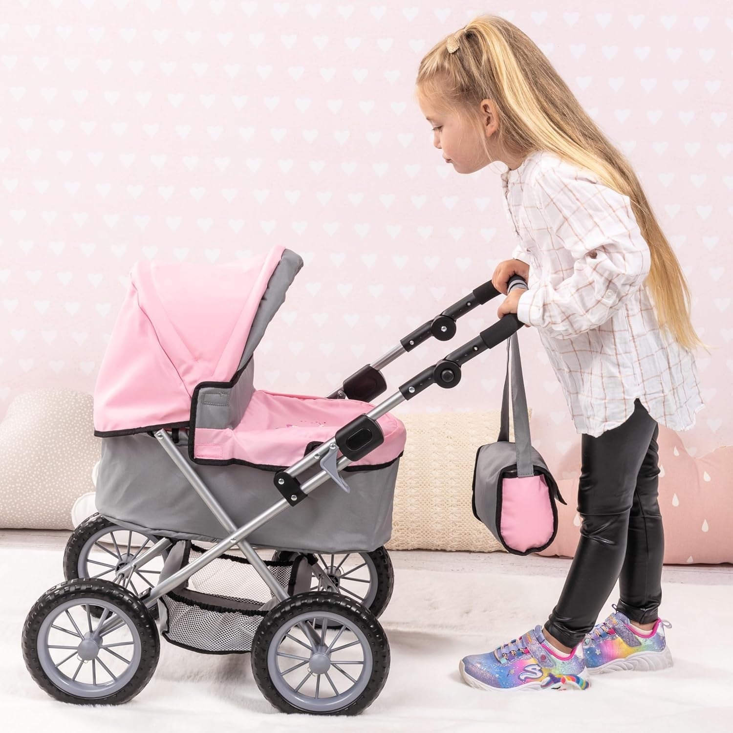 Dolls Pram Foldable Pushchair Adjustable Handle Basket Bag Toy 3+