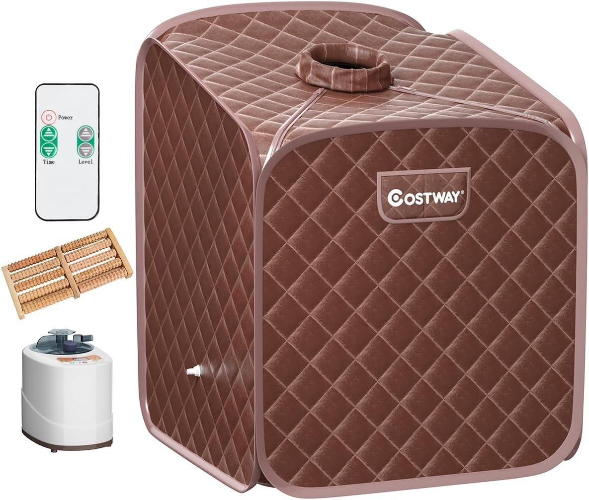Portable Steam Sauna Tent Full Body Spa w/ Chair Foot Roller & Remote (Coffee)